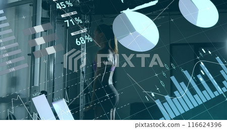 Image of data processing over caucasian woman lifting weights at gym 116624396