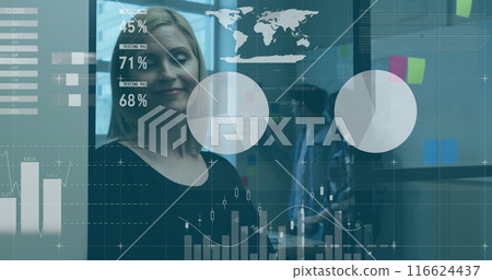 Image of financial graphs and data over happy caucasian woman in office 116624437