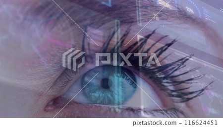 Image of digital screen with data processing over eye of caucasian woman 116624451