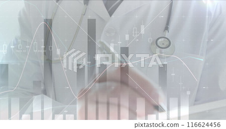 Image of digital multiple graphs moving over midsection of caucasian doctor writing report 116624456