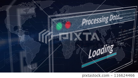 Image of data processing loading against world map Image of data processing loading against world map 116624466