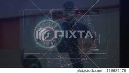 Image of globe of connections with scope scanning and data processing over caucasian man Image of globe of connections with scope scanning and data processing over caucasian man 116624476