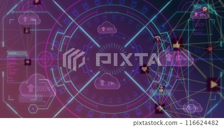 Image of digital profile icons connecting with lines and clouds with numbers and arrows Image of digital profile icons connecting with lines and clouds with numbers and arrows 116624482