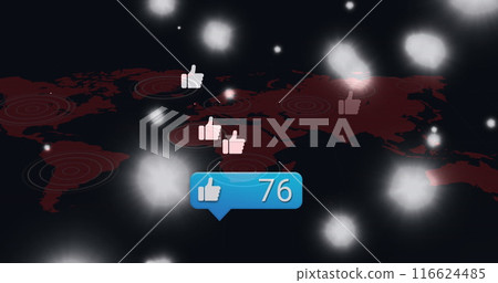 Image of speech bubble with increasing number of likes, thumbs up signs blooming over world map Image of speech bubble with increasing number of likes, thumbs up signs blooming over world map 116624485