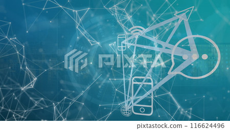 Image of digital computer icons and dots interconnecting with lines on abstract background Image of digital computer icons and dots interconnecting with lines on abstract background 116624496