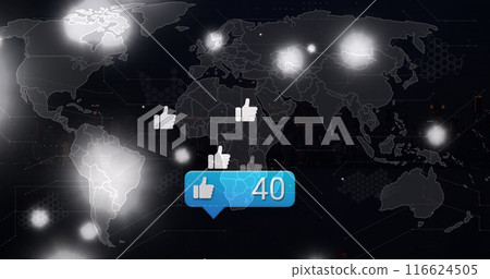Image of speech bubble with increasing number of likes, thumbs up signs blooming over world map Image of speech bubble with increasing number of likes, thumbs up signs blooming over world map 116624505