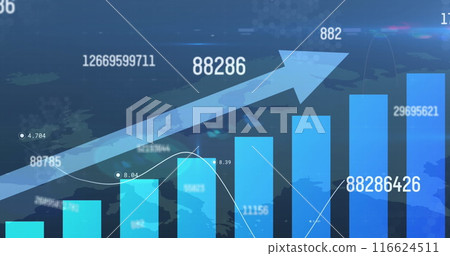 Image of arrow, increasing numbers over bar graph against world map Image of arrow, increasing numbers over bar graph against world map 116624511