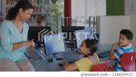Image of hispanic female teacher and class of diverse pupils with computers 116624522