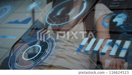 Image of digital screen with data over midsection of caucasian woman 116624523