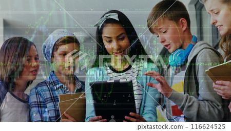 Image of interface with graphs, soundwave, data over multiracial students studying over tablet 116624525