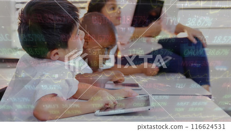 Image of digital trading board over multiracial students using digital tablets in classroom Image of digital trading board over multiracial students using digital tablets in classroom 116624531