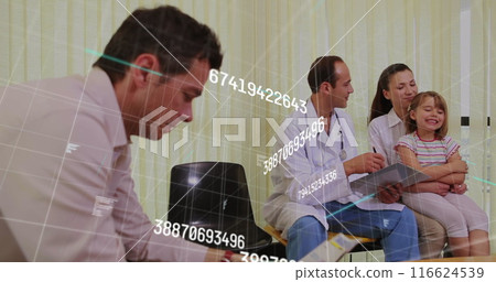 Image of numbers and lines over diverse people and male doctor in waiting room 116624539