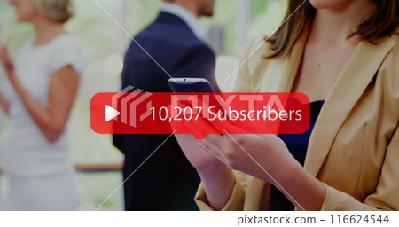 Image of social media subscribers notification over smiling caucasian woman using smartphone Image of social media subscribers notification over smiling caucasian woman using smartphone 116624544