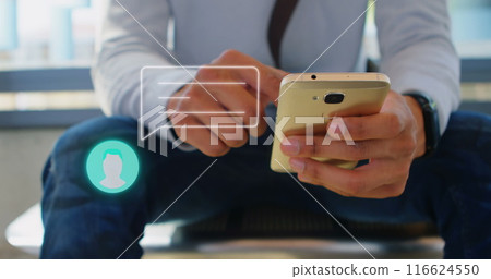 Image of person icon and speech bubble over hands of man using smartphone 116624550