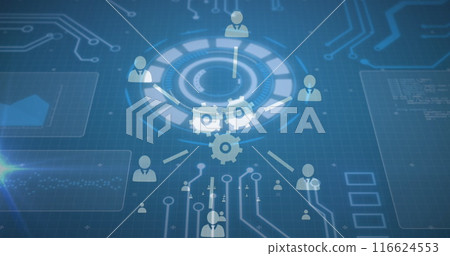 Image of tech icons and motherboard on blue digital screen Image of tech icons and motherboard on blue digital screen 116624553