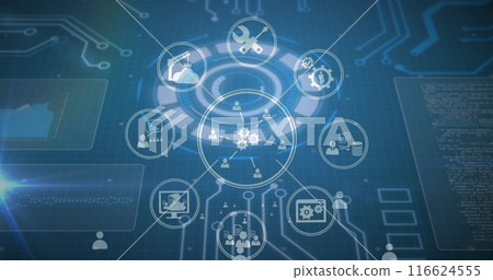 Image of tech icons and motherboard on blue digital screen 116624555