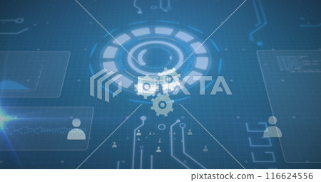 Image of tech icons and motherboard on blue digital screen 116624556