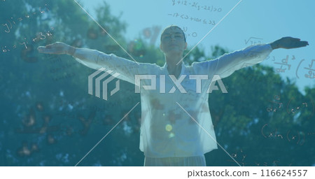 Image of mathematical equations floating over Caucasian woman stretching 116624557