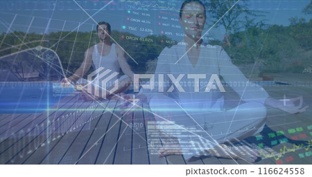 Image of graphs, data and statistics over Caucasian couple meditating by a pool Image of graphs, data and statistics over Caucasian couple meditating by a pool 116624558