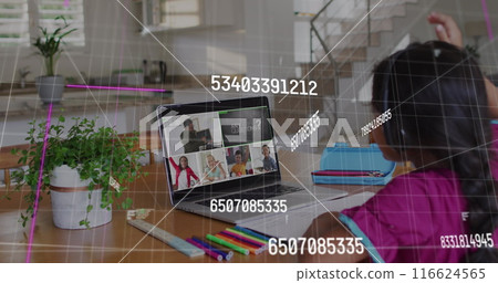 Image of multiple changing numbers, letters over diverse students group studies on image call 116624565