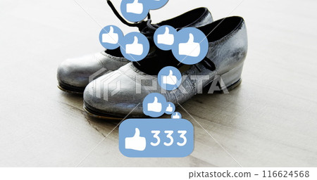 Image of changing numbers and thumbs up icons over shoe on floor 116624568