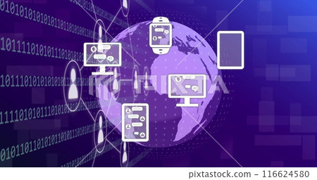 Image of flowchart, application icons, binary codes and rotating globe over abstract background Image of flowchart, application icons, binary codes and rotating globe over abstract background 116624580