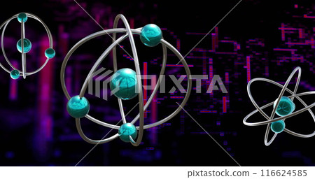 Image of 3d model of atoms and dynamic line pattern over black background 116624585