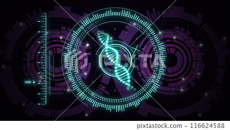 Image of rotating dna helix in circles over loading circles against black background Image of rotating dna helix in circles over loading circles against black background 116624588