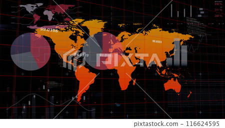 Image of multicolored infographic interface and map against black background 116624595