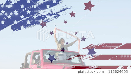 Image of flag of usa over happy diverse women in car by beach in summer 116624603