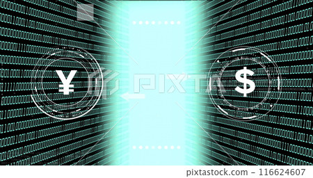 Image of binary code with yen and dollar symbols, currency exchange concept 116624607