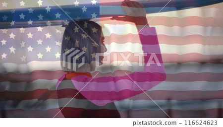 Image of flag of usa over caucasian woman holding surfboard Image of flag of usa over caucasian woman holding surfboard 116624623