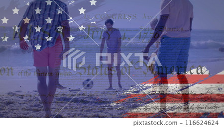 Image of flag of usa over happy diverse friends playing ball on beach in summer Image of flag of usa over happy diverse friends playing ball on beach in summer 116624624