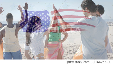 Image of flag of usa over happy diverse friends on beach in summer 116624625