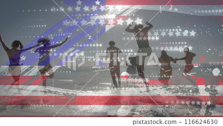 Image of flag of usa over happy diverse friends on beach in summer 116624630