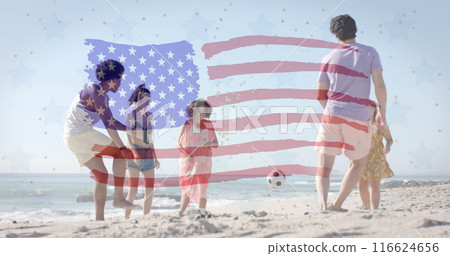 Image of flag of usa over happy diverse friends playing ball on beach in summer Image of flag of usa over happy diverse friends playing ball on beach in summer 116624656