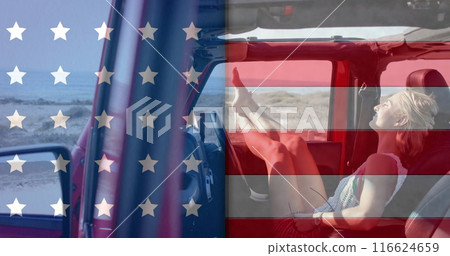 Image of flag of usa over caucasian woman in car on beach Image of flag of usa over caucasian woman in car on beach 116624659