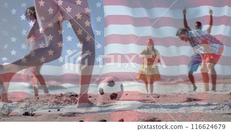 Image of flag of usa over happy diverse friends playing ball on beach in summer 116624679