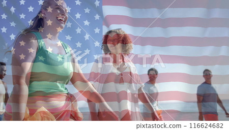 Image of flag of usa over diverse friends walking on beach Image of flag of usa over diverse friends walking on beach 116624682