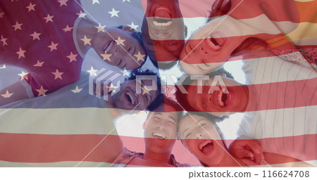 Image of flag of usa over happy diverse friends on beach in summer 116624708