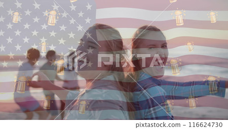Image of flag of usa and beer icons over happy diverse friends on beach in summer Image of flag of usa and beer icons over happy diverse friends on beach in summer 116624730