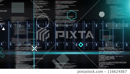 Image of rotating shapes and blue scanner beams over data processing on black background 116624867