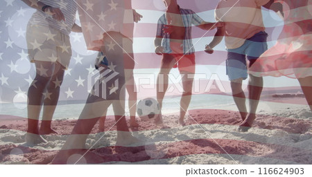 Image of flag of usa and light trails over diverse friends playing football on beach Image of flag of usa and light trails over diverse friends playing football on beach 116624903