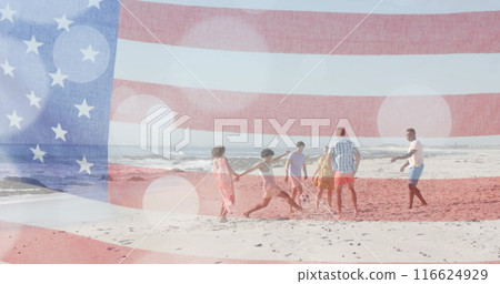 Image of flag of usa over happy diverse friends on beach in summer 116624929
