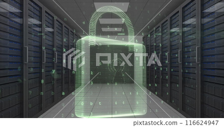 Image of padlock, warning text and data processing over computer servers in background Image of padlock, warning text and data processing over computer servers in background 116624947