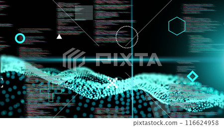 Image of blue scanner beams, rotating shapes and network waves over data processing on black Image of blue scanner beams, rotating shapes and network waves over data processing on black 116624958
