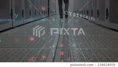 Image of cyber attack warning, data processing over computer servers and male it engineer Image of cyber attack warning, data processing over computer servers and male it engineer 116624959