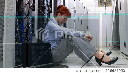 Image of data processing over computer servers and tired caucasian female it engineer Image of data processing over computer servers and tired caucasian female it engineer 116624960