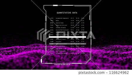 Image of glitching interface processing quantitative data over pink network waves, on black 116624962