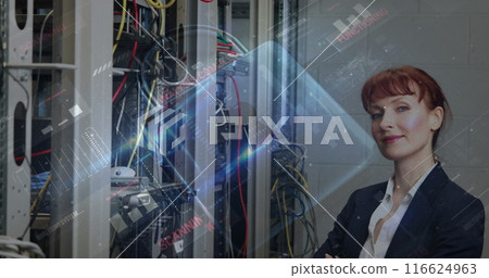Image of padlock, data processing over computer servers and caucasian female it engineer Image of padlock, data processing over computer servers and caucasian female it engineer 116624963